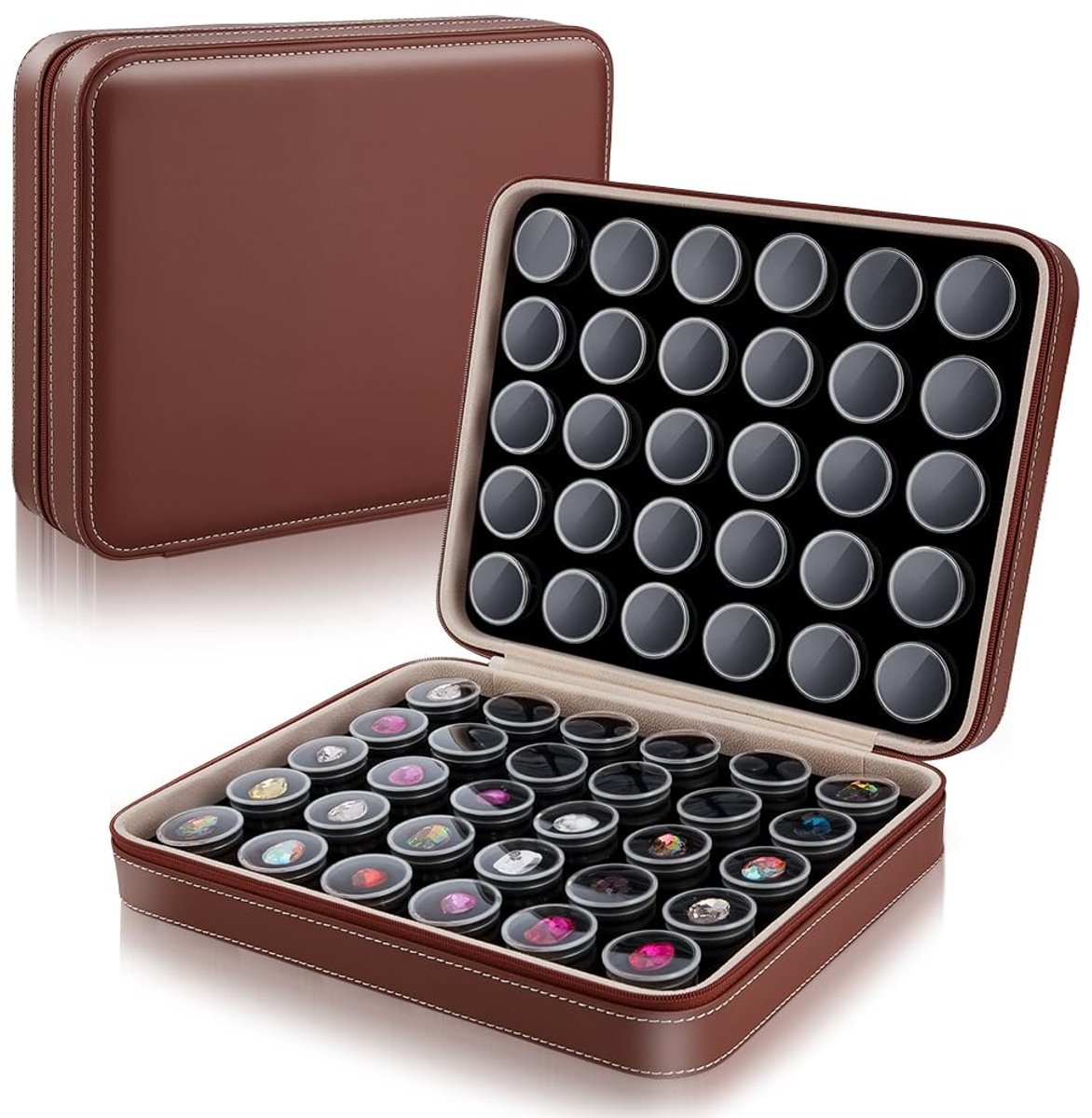 Dailygoods- Sieradendoosjes 25,7 x 20,5 x 6,8 cm - Lederen Organizer - 60 Stuks Plastic Doosjes - Meerdere Vakken - Zwarte Schuimrubberen Voering - Veelzijdige Opslag - Sieradenopberger