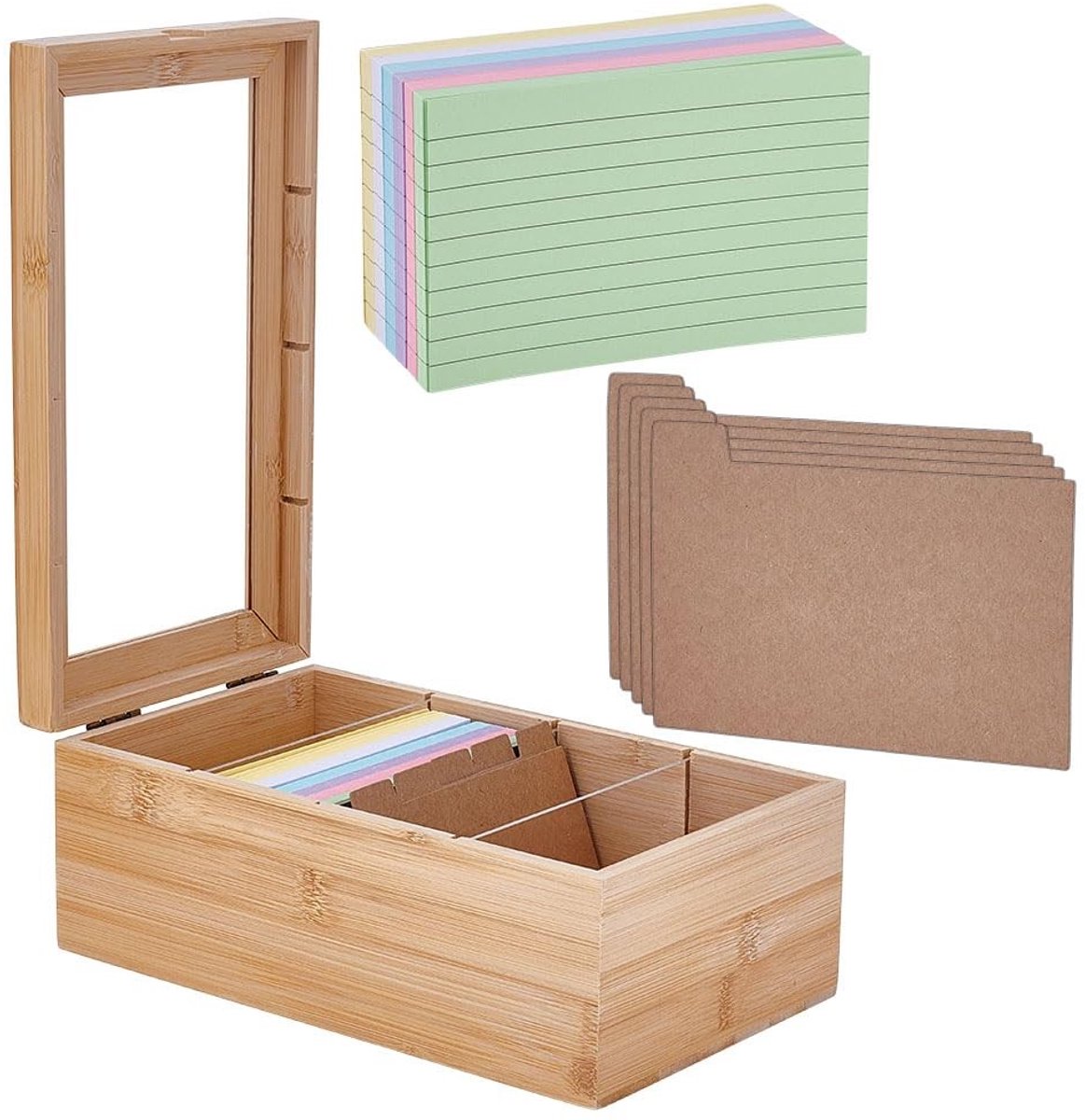 Dailygoods- Indexkaartenhouder Houten - Opbergdoos met Deksel - Scheidingswanden - 30 Kaarten - 4 Vakken - Verstelbaar 26,1 x 15 x 10,3 cm