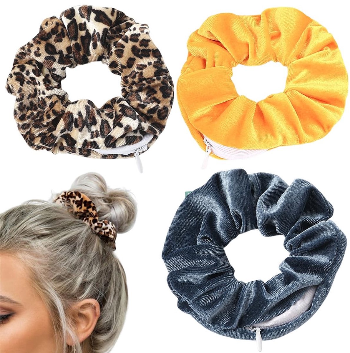 Dailygoods- Haarelastiekjes met Ritssluiting - 3 Stuks - Kleurrijke Scrunchies - Elastische Haaraccessoires - Zacht en Huidvriendelijk - Met Opbergzak