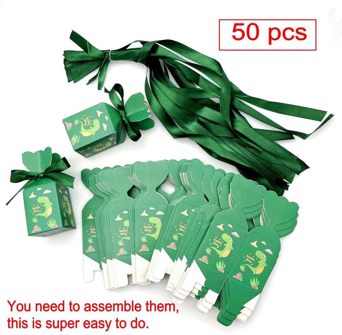 Dailygoods- Cadeaudozen met deksel - 50 stuks - Groene Dinosaurus - Papieren Snoepdozen - Kinderfeest - Feestdecoraties - Eenvoudig te monteren - Geschenkdozen