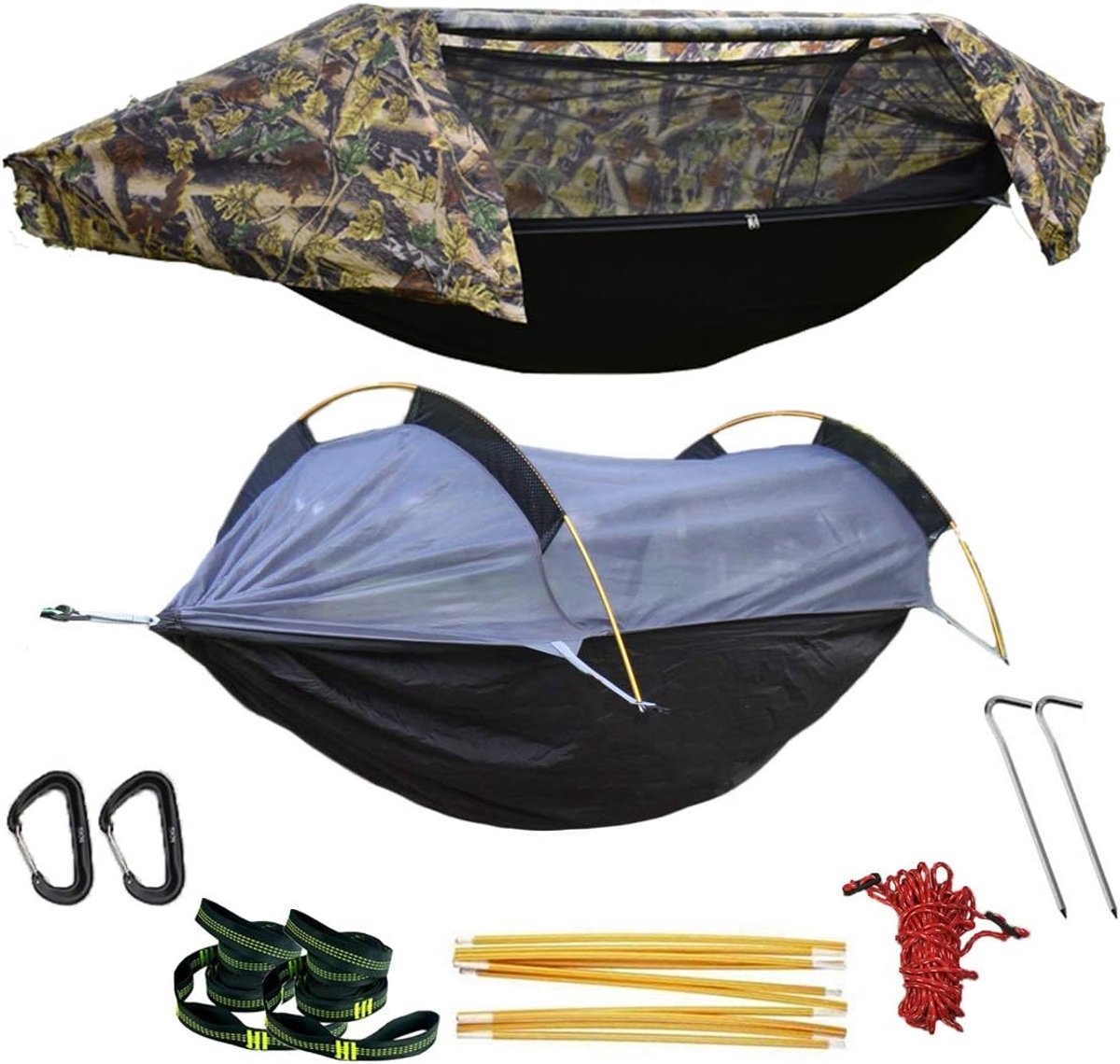 3-in-1 Hangmat - Kampeerhangmat Outdoor Hangmat - Ontspannen Buiten - Geïntegreerd Net en Regenhoes - 270 x 140 cm - Groen