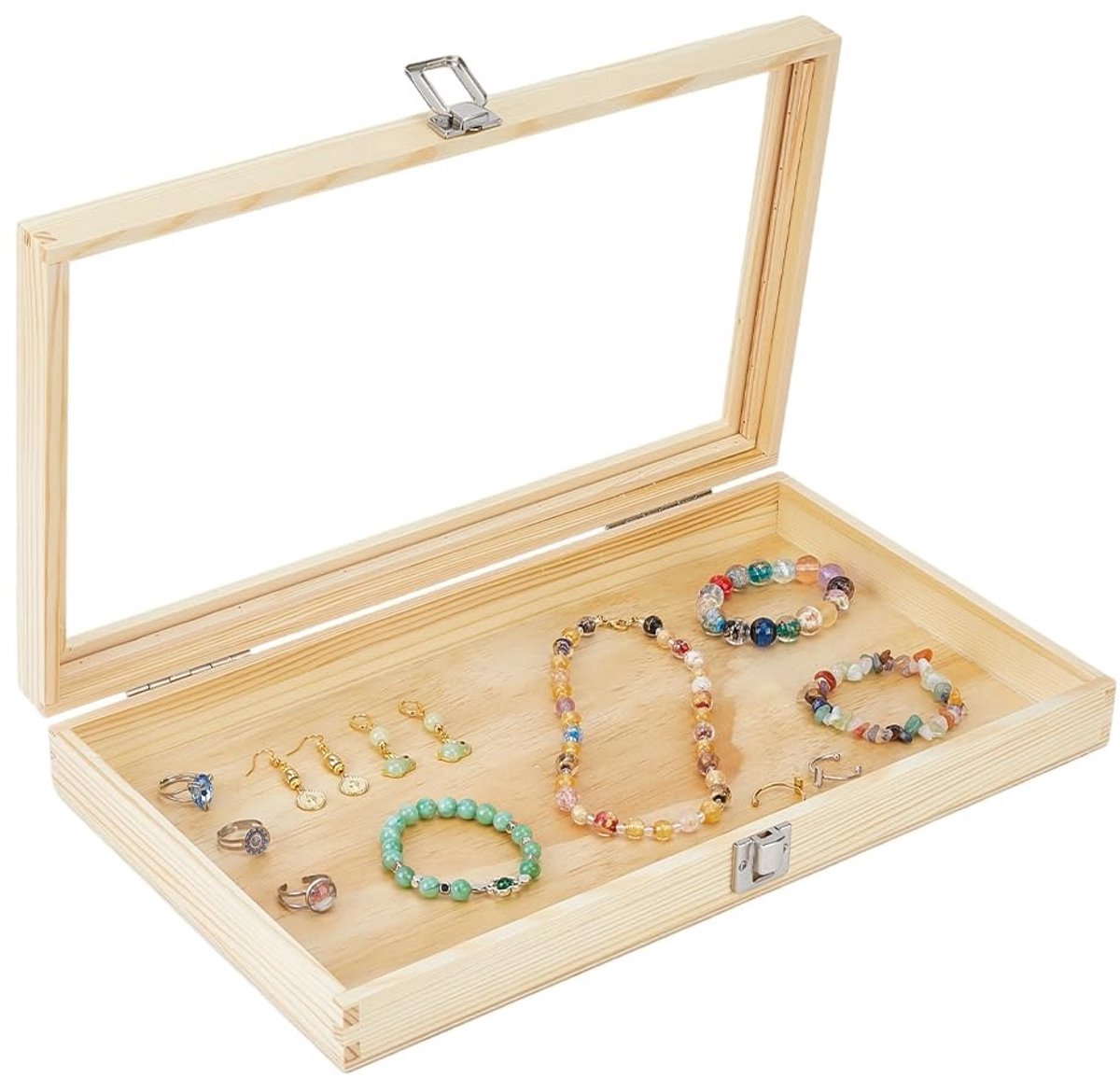Dailygoods- Sieradenvitrine - Houten Presentatiedoos - Glazen Deksel - 38 x 22 x 5,7 cm - Royale Ruimte voor Sieraden - Elegant Design in Geblancheerde Amandelkleur - Sieradenbox