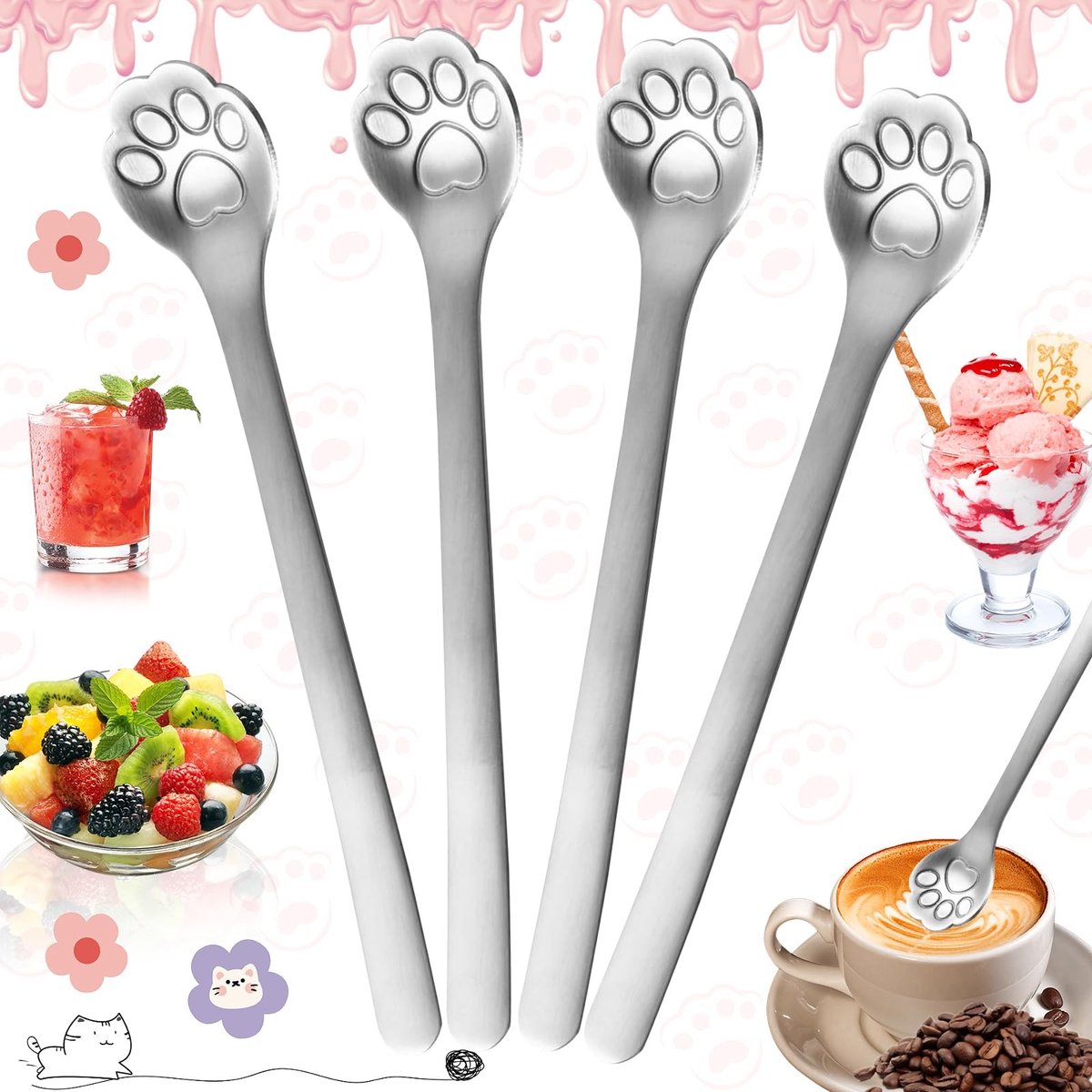 Dailygoods- Koffielepel Set van 4 - Roestvrij Staal - Kattenvorm - Dessertlepels - Theelepels - 14,8 cm - Schokbestendig en duurzaam - Theelepel