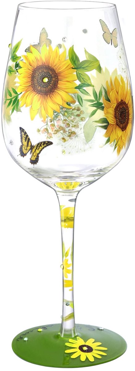 Dailygoods- Wijnglas Handgeschilderd - 15oz - Zonnebloem/Vlinder - Ambachtelijk - Kleurig - Decoratief Drinkgerei - Drinkglas