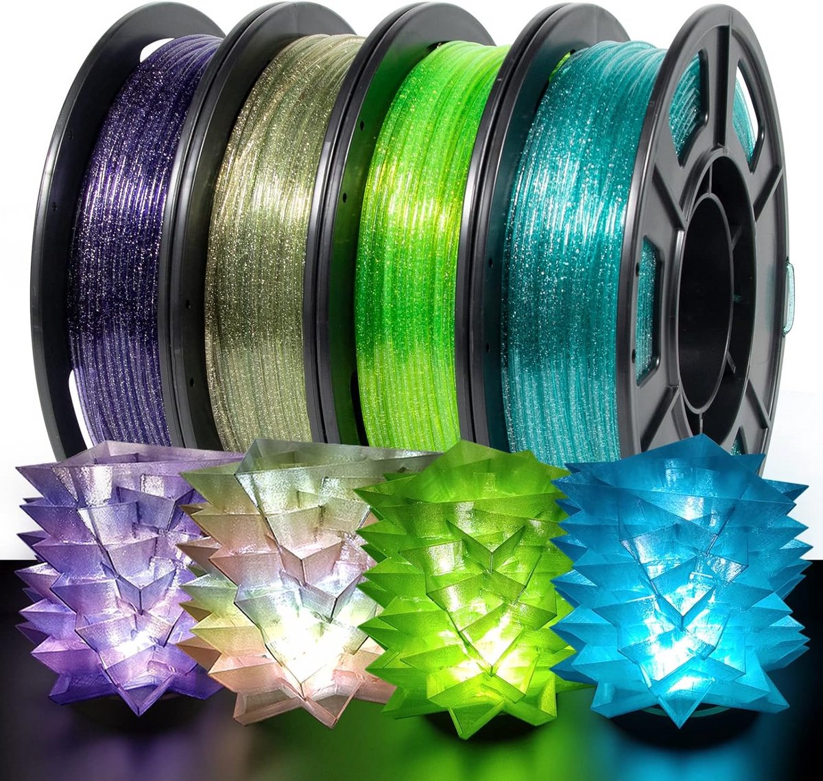 3D Printer Filament - PETG Spoelen - Creatief Printen - Glanzend Melkweg Effect - 4 x 250g - Transparant Mix