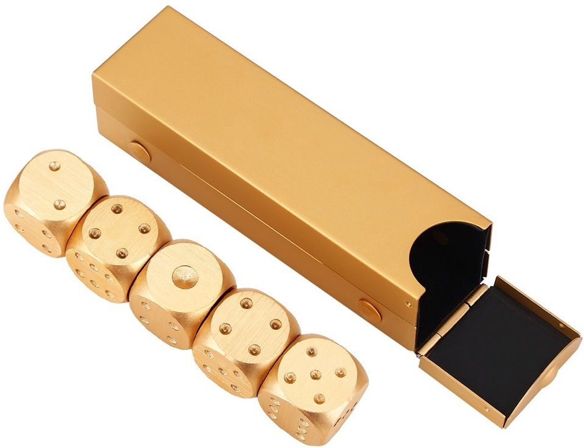 Dailygoods - Vergulde Dobbelstenen - Aluminium Dobbelstenen Set - Luxe Spelervaring - Rechthoekige Doos - Perfect voor Tafelspellen - Inclusief Opberg...
