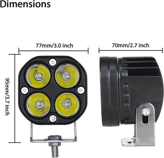 Zwart, vierkant LED-werklamp met 4 lampen, afmetingen 77x95 mm en 70 mm diep.