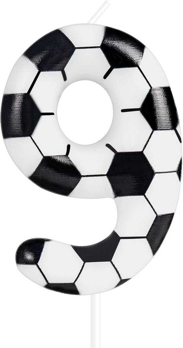 Voetbal Verjaardagskaars - Nummer 9 - Taart Decoratie - Rookloze Verbranding - 5.79 cm Hoog - Zwart Wit