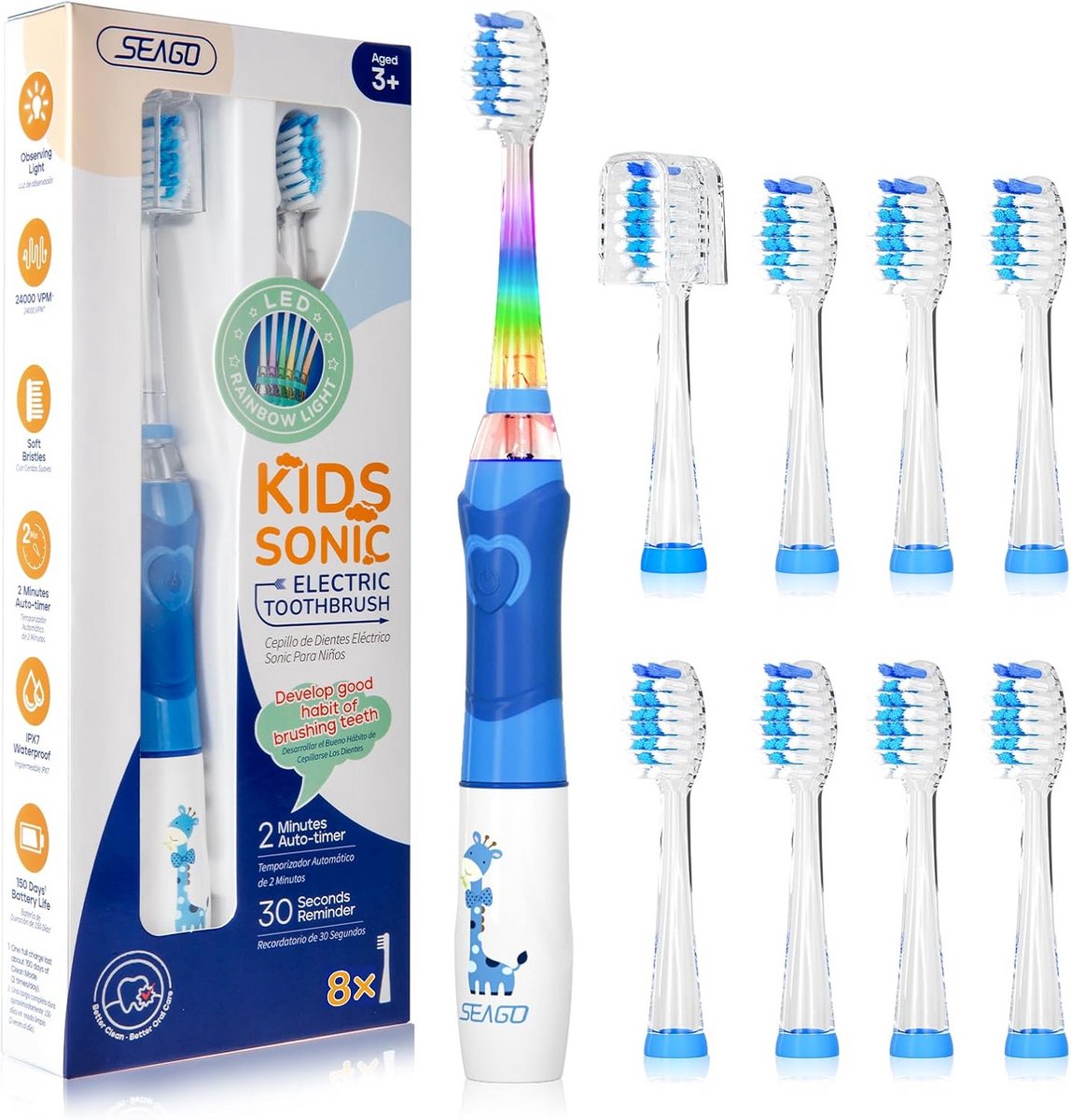 Elektrische Tandenborstel - Kinder Tandenborstel - Tanden Poetsen - LED Kleurlicht - 8 Opzetborstels - Blauw
