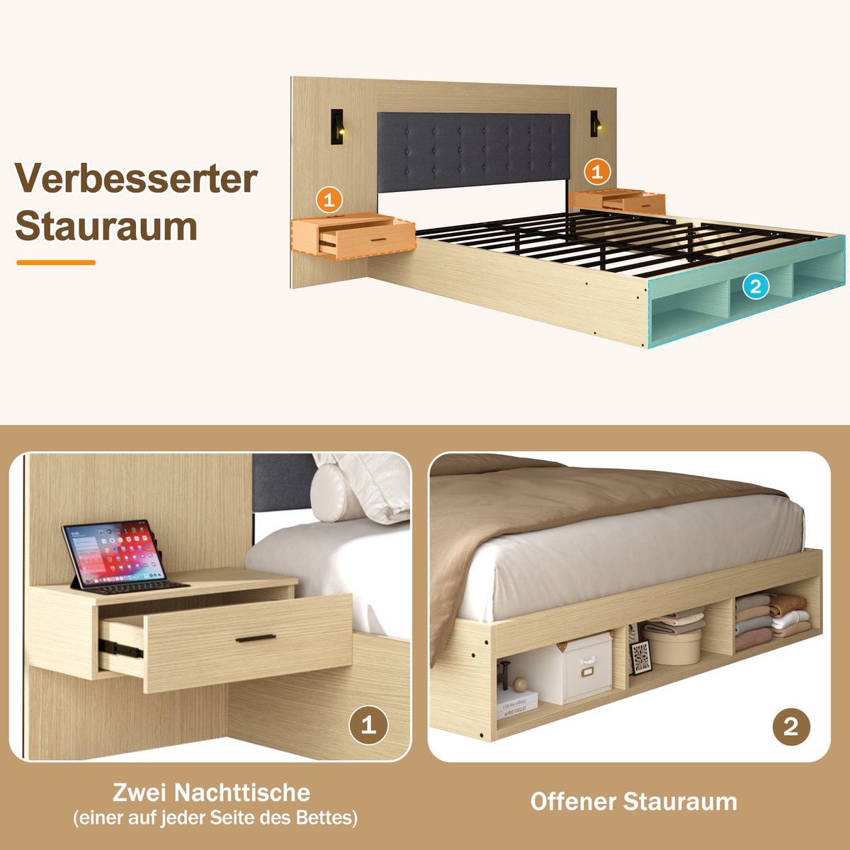 DESMIU Bed 180x200 cm - Opbergbed Met Hoofdbordverlichting En Oplaadpunt - Zijtafels En Open Opbergruimte - Tweepersoonskamer - MDF - Licht Eiken - Zonder Matras Lichte Eik