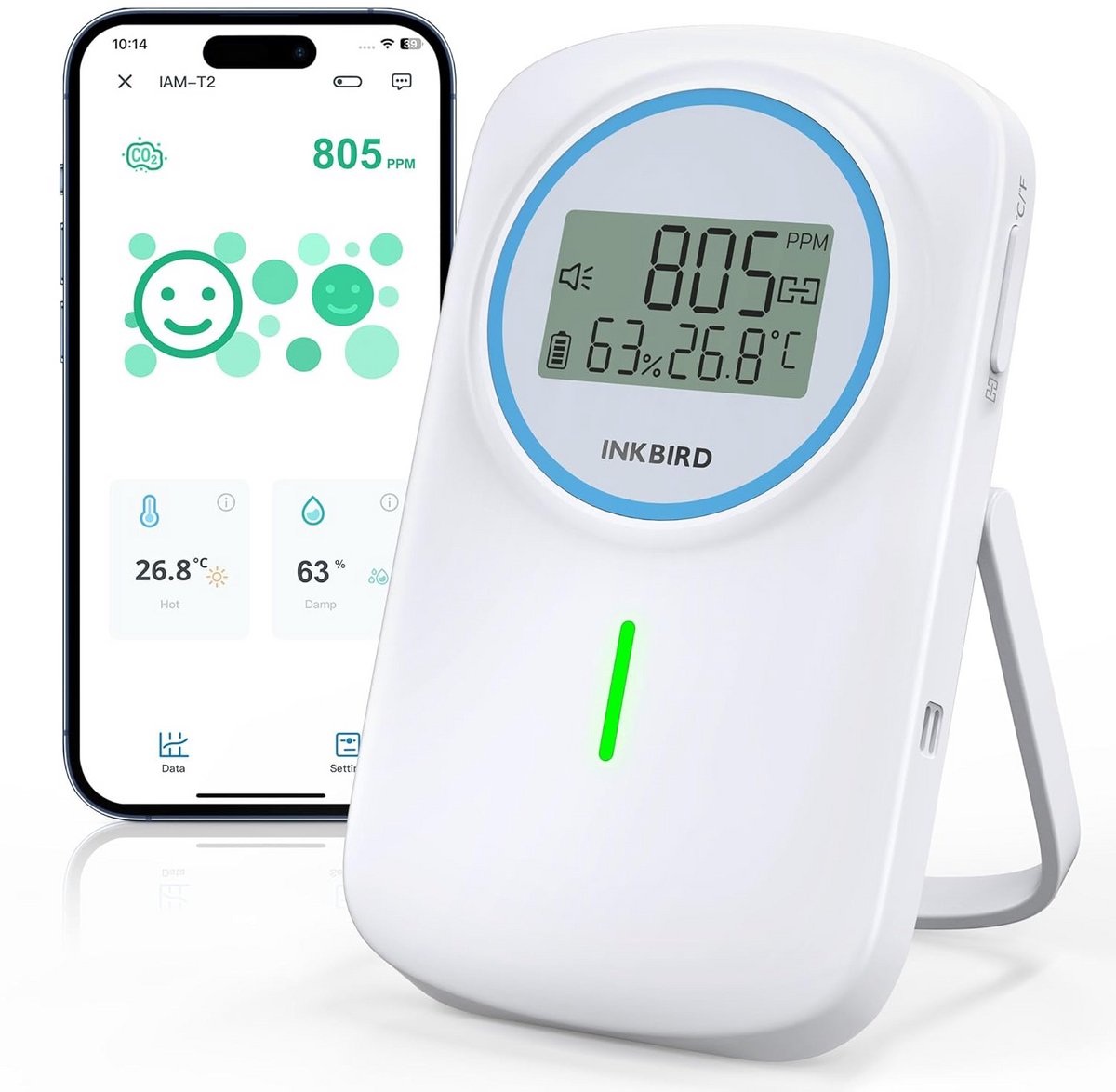 Luchtkwaliteit Monitor - CO2 Meter - Binnenklimaat Meten - Bluetooth Connectiviteit - 3000mAh Batterij - Wit