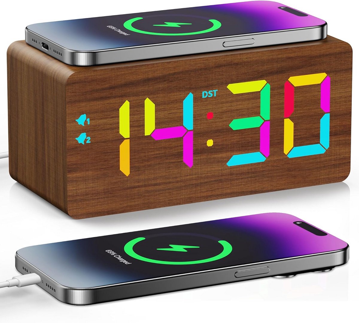 Houten Digitale Wekker - Oplaadstation Klok - Opladen en Wakker Worden - 10W Draadloos Laden - 15 cm Breed - Houtkleur
