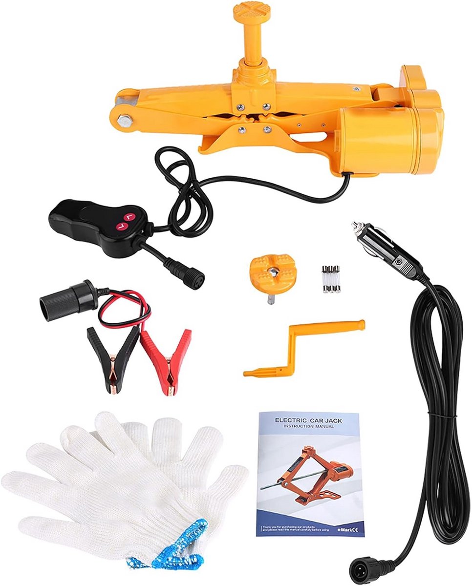 Elektrische Autokrik - Schaarkrik Set - Band Wisselen - 3 Ton Capaciteit - 12-35cm Hefbereik - Geel