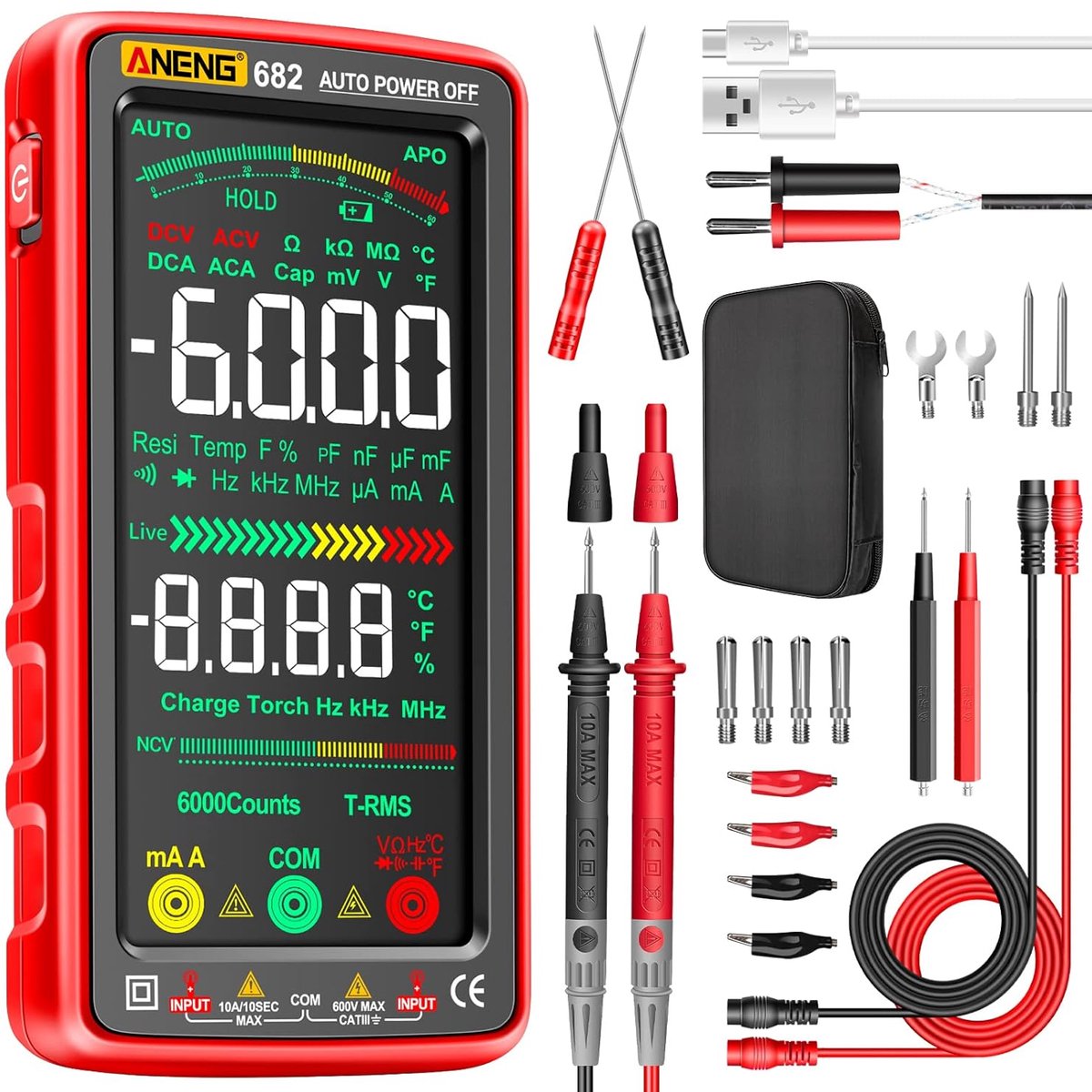 Digitale Multimeter - Spanning Tester - Elektrische Metingen - Kleuren LCD Scherm - 6000 Tellingen - Zwart