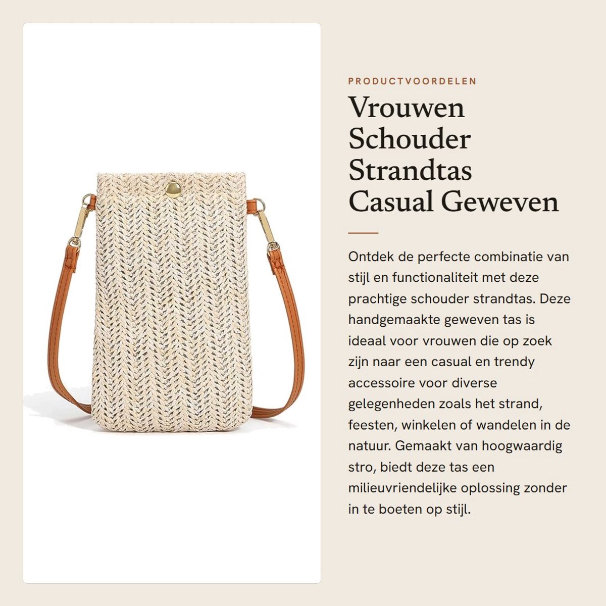 Dailygoods- Strandtas Casual - Geweven Stro - Schoudertas - Lichtgewicht - Handgemaakt - Ideaal voor Strand en Winkelen