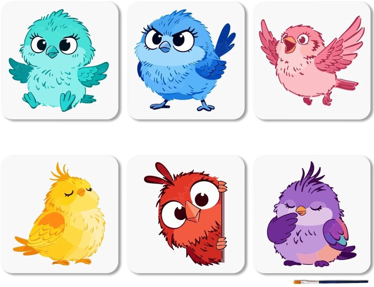 Dailygoods- Vogelsjablonen 6 Stuks - Herbruikbaar - Cartoon Dierensjablonen - 20 x 20 cm - Inclusief Kwastenset - Kunststof Materiaal - Schilderstencils