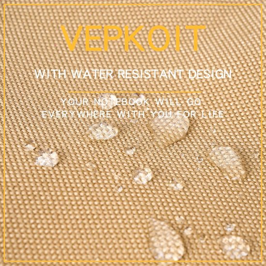 Waterafstotend coyote nylon oppervlak met waterdruppels; tekst: Verkoit, with water resistant design.