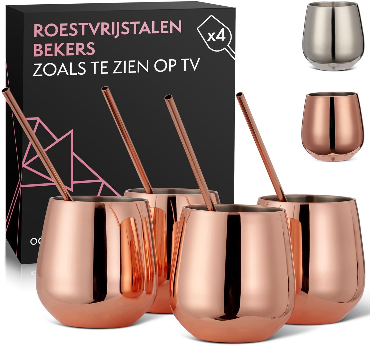 Dailygoods- Wijnglazen Set - 4 Roestvrijstalen Steelloze Wijnglazen - Dubbelwandig - Onbreekbaar - Herbruikbaar - Inclusief Rietjes & Borstel - Drinkglazen