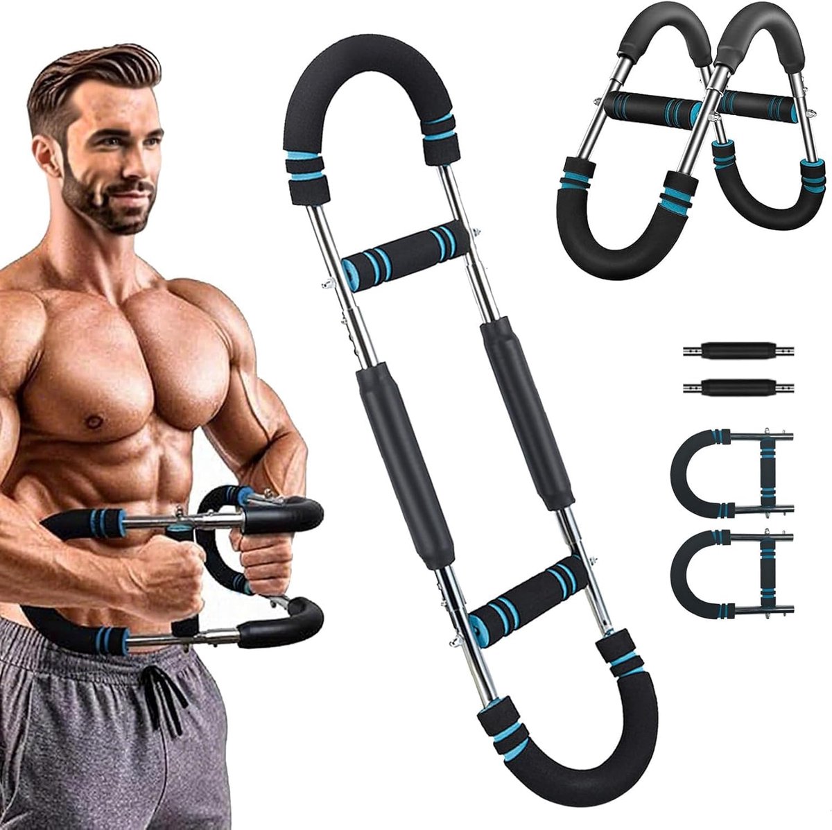 Twister Arm Trainer - Krachtstang Borsttrainer - Bovenlichaam Trainen - 3 Weerstandsniveaus - 66 cm - Blauw