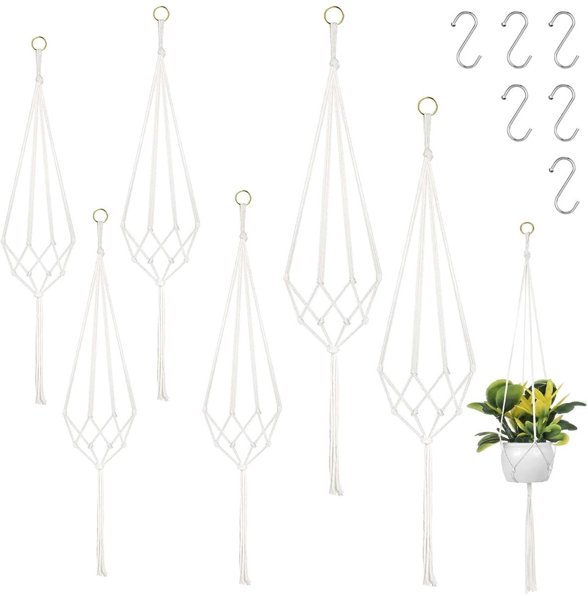 Dailygoods- Macramé Plantenhangers - 6 Stuks - Hanglampen Set - Katoenen Touw - S-haken - Bloemenhangerhouder - Duurzaam en Milieuvriendelijk - Bloemenhanger