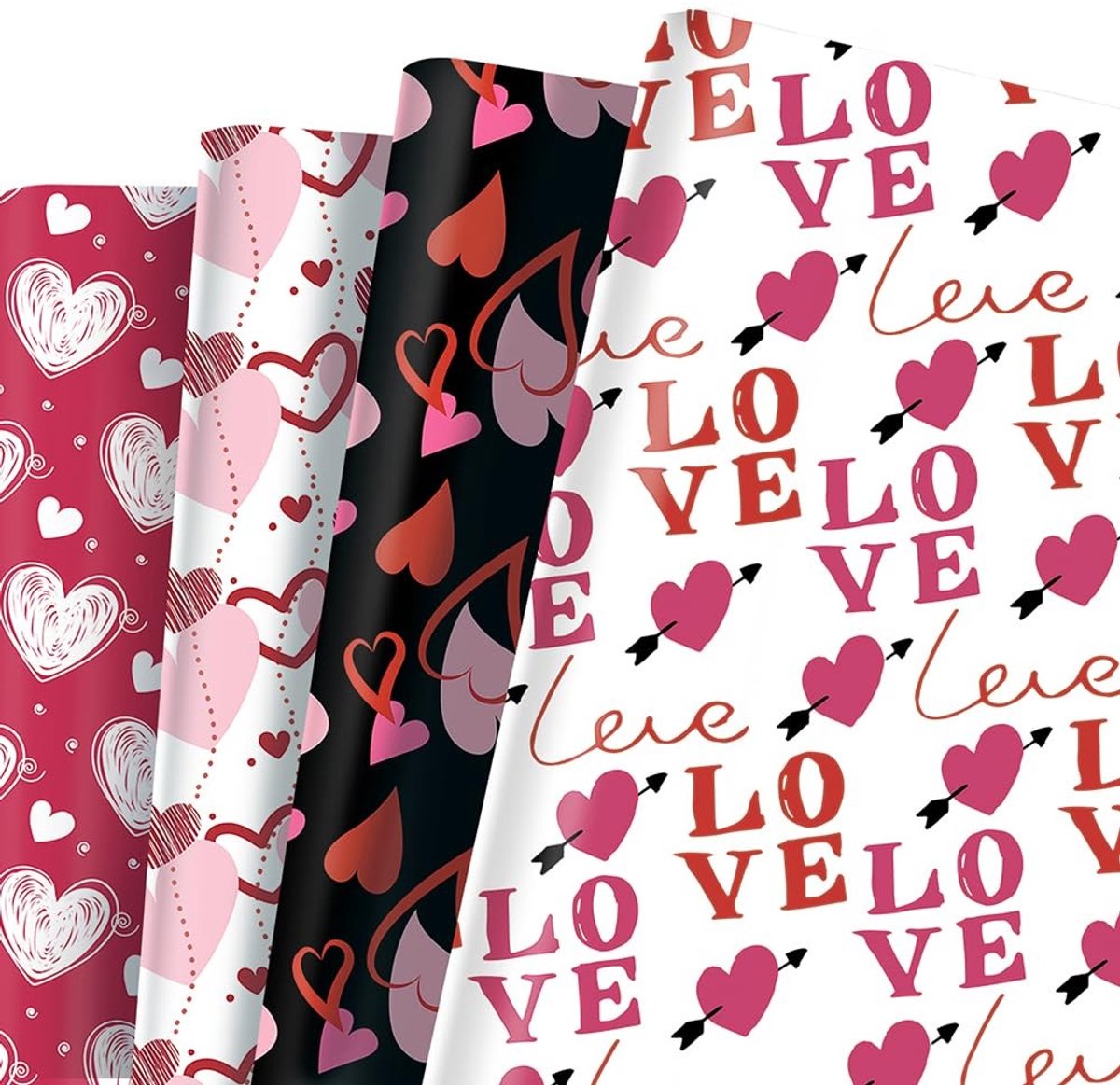 Dailygoods- Inpakpapier Hart - 8 Vellen - 4 Ontwerpen - Bruiloft - Valentijnsdag - Verjaardag - 50x70 cm - Cadeaupapier