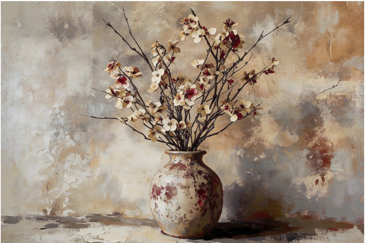 Japandi Stilleven Verwelkte Bloemen 120x80 cm - Dibond Wanddecoratie Premium Aluminium Kun