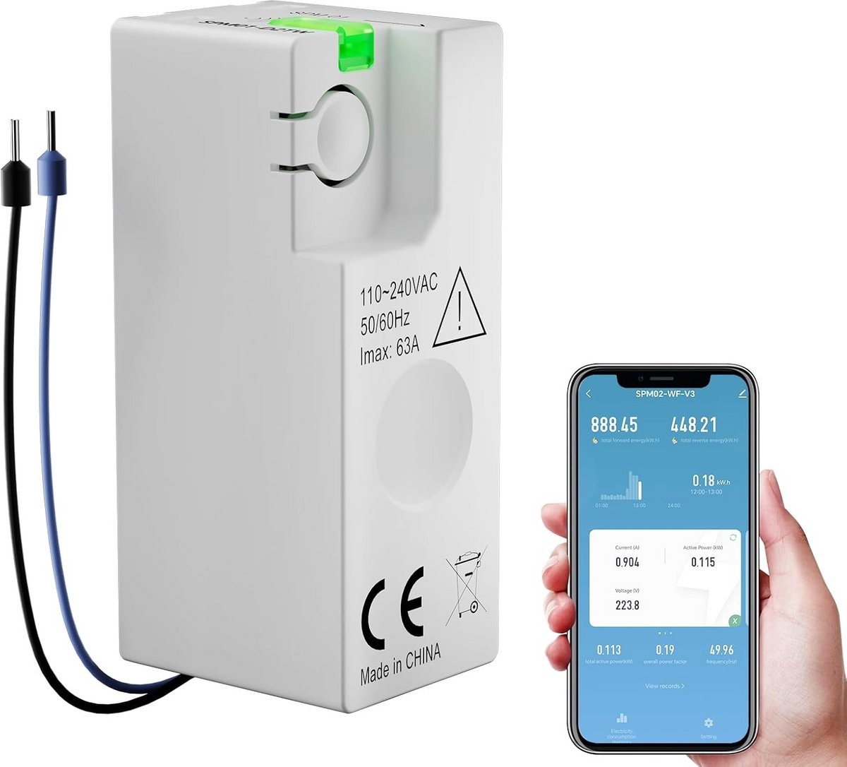 Slimme Stroommeter - Energie Monitor - Energie Verbruik Meten - App Bediening - 63A - Wit