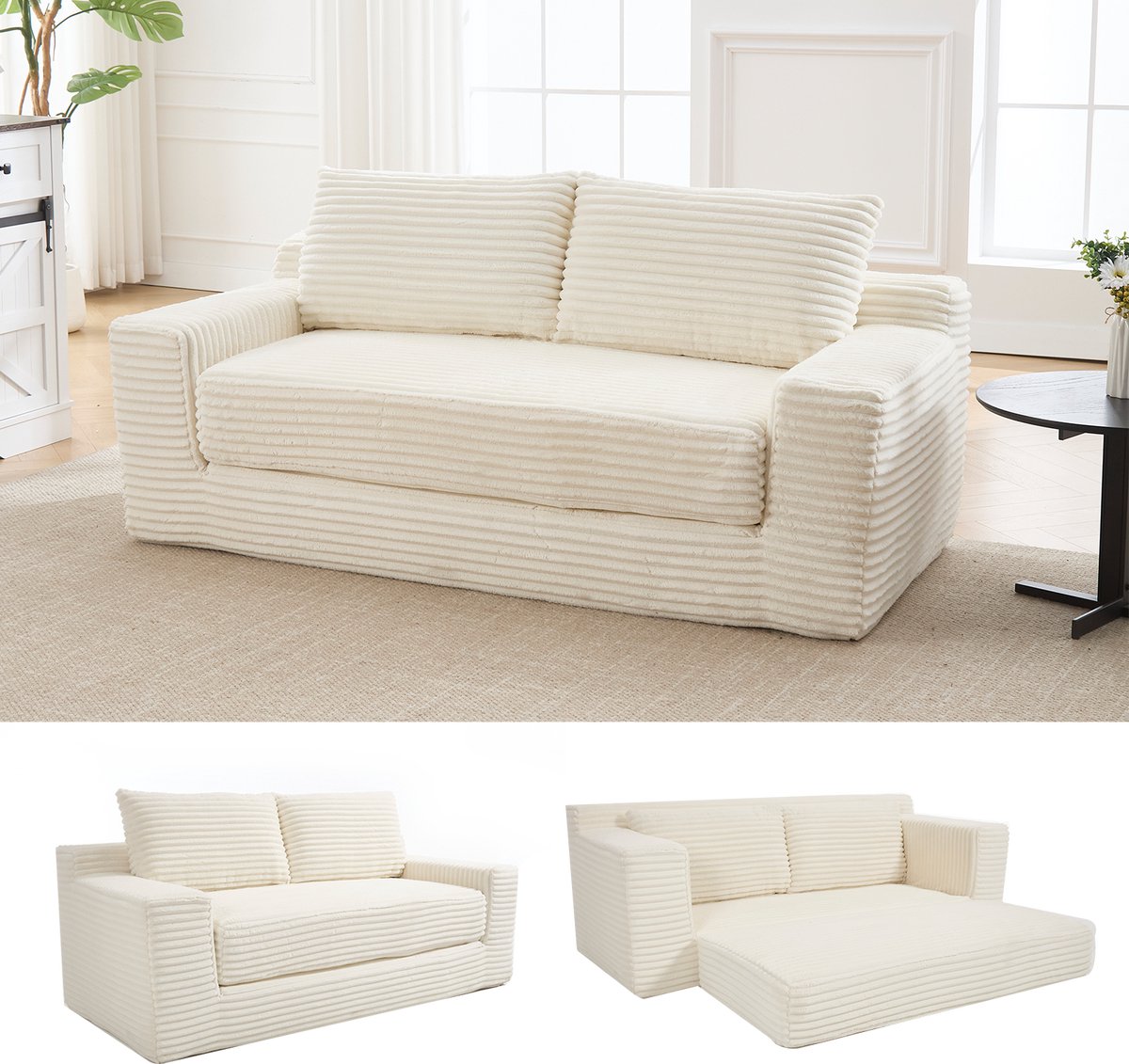 STILVORA Slaapbank 2-Zits - 2-In-1 Sofa En Bed - Voor Kleine Ruimtes En Logees - Stoffen Ribstof - Wit