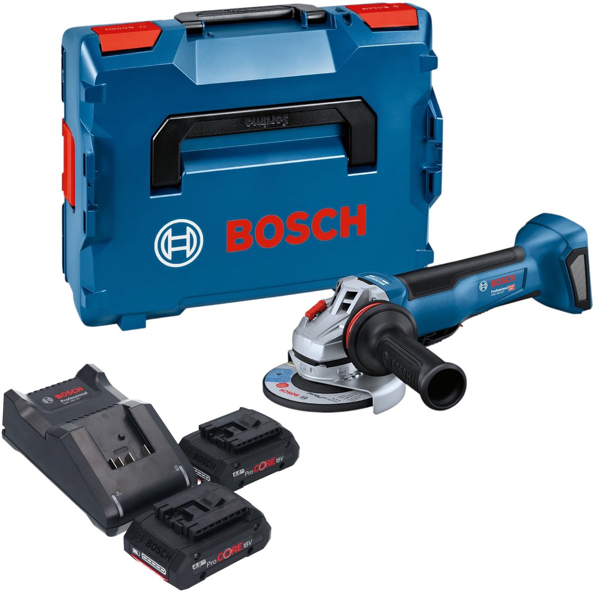 Bosch GWS 18V-10 P Professional accu-haakse slijper 18 V 125 mm borstelloos + 2x ProCORE-accu 4,0 Ah + oplader + L-Boxx
