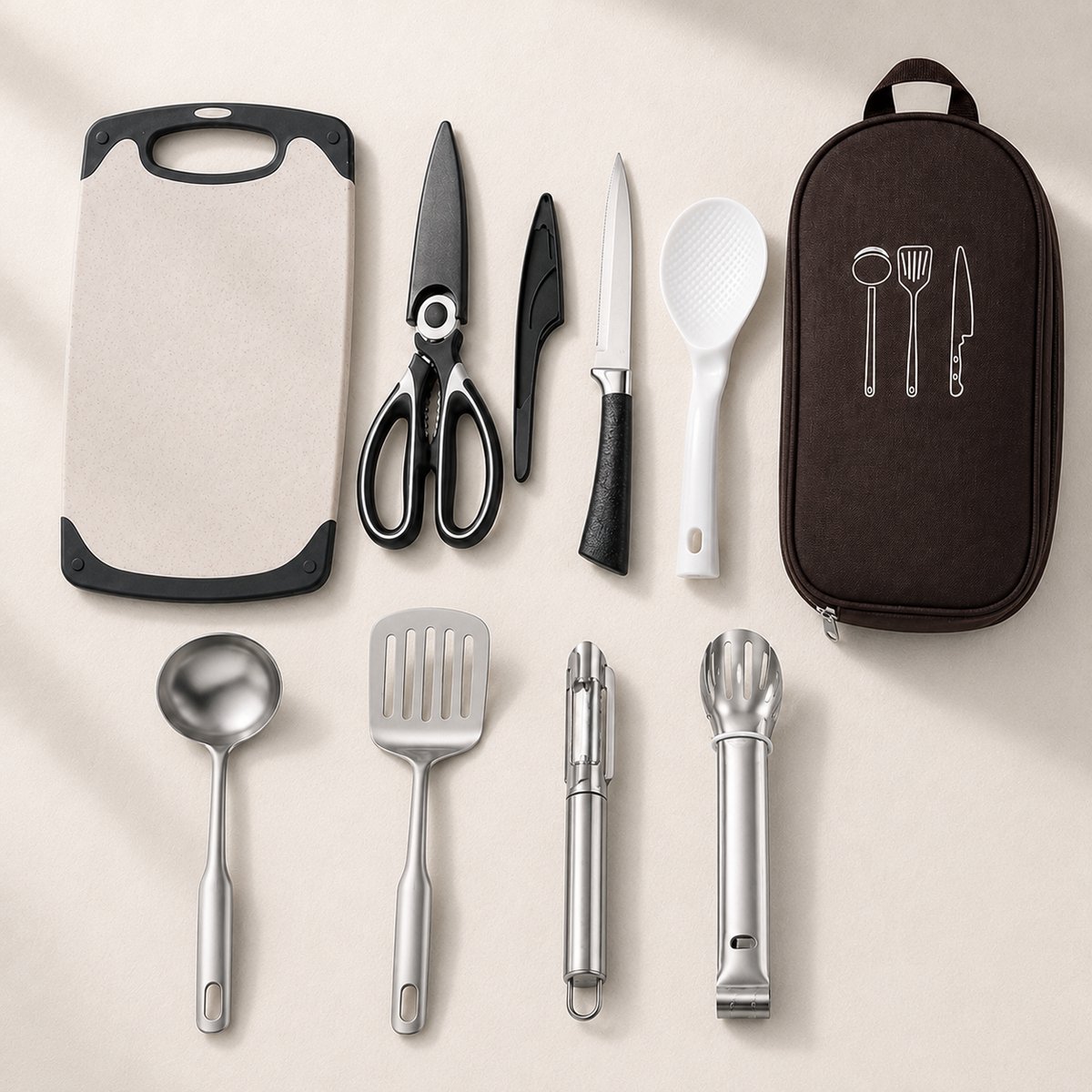 Kampeerservies Set 8-Delig - Lichtgewicht RVS Kookset voor 2-3 Personen - Outdoor Picknick, Glamping & BBQ - Compact Opbergtas - Bruin