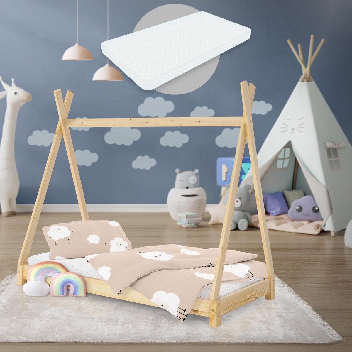 Kinderbed huisje - Tipi bed - Spelen en slapen - Inclusief matras - 70x140 cm - Naturel