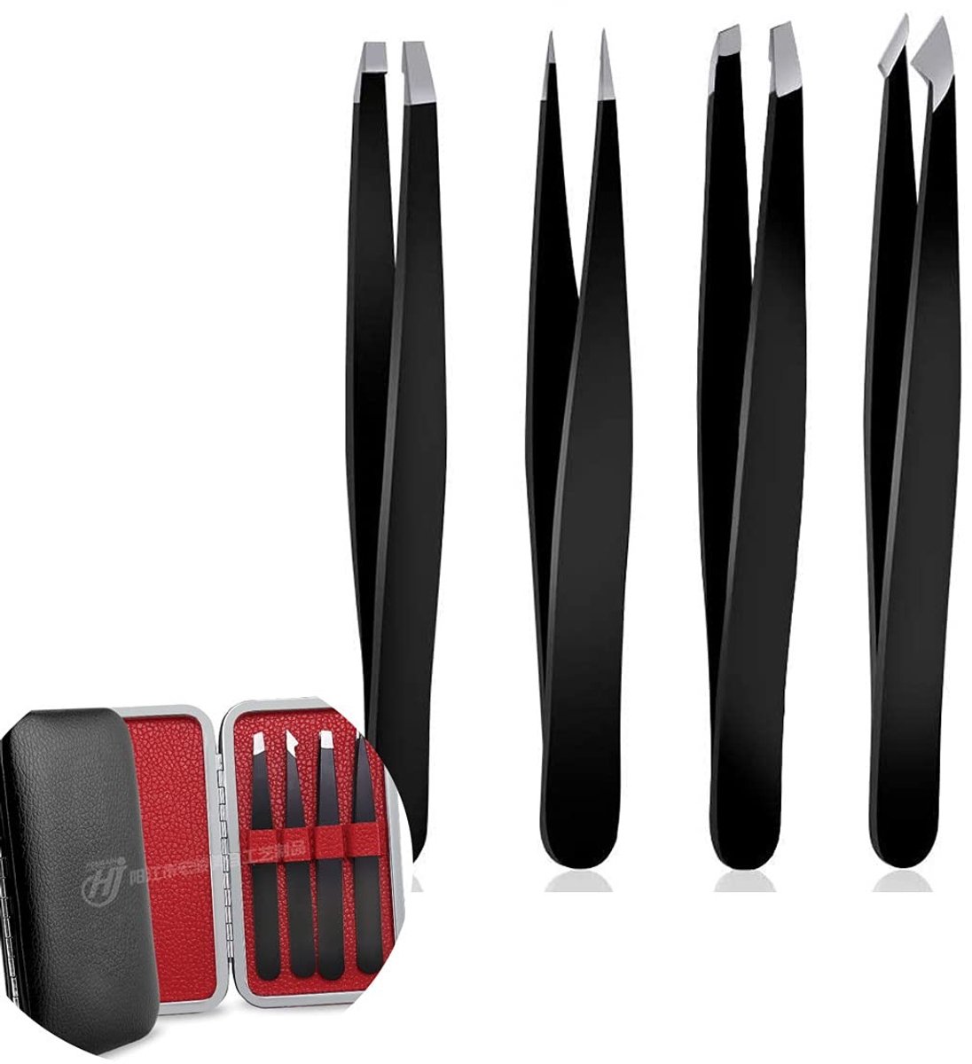Dailygoods- Pincetten Set 4 Stuks - Professionele Pincetten - Roestvrij Staal - Inclusief Blikken Doos - Nauwkeurige Grip - Voor Wenkbrauwen/Wimpers - Epilators