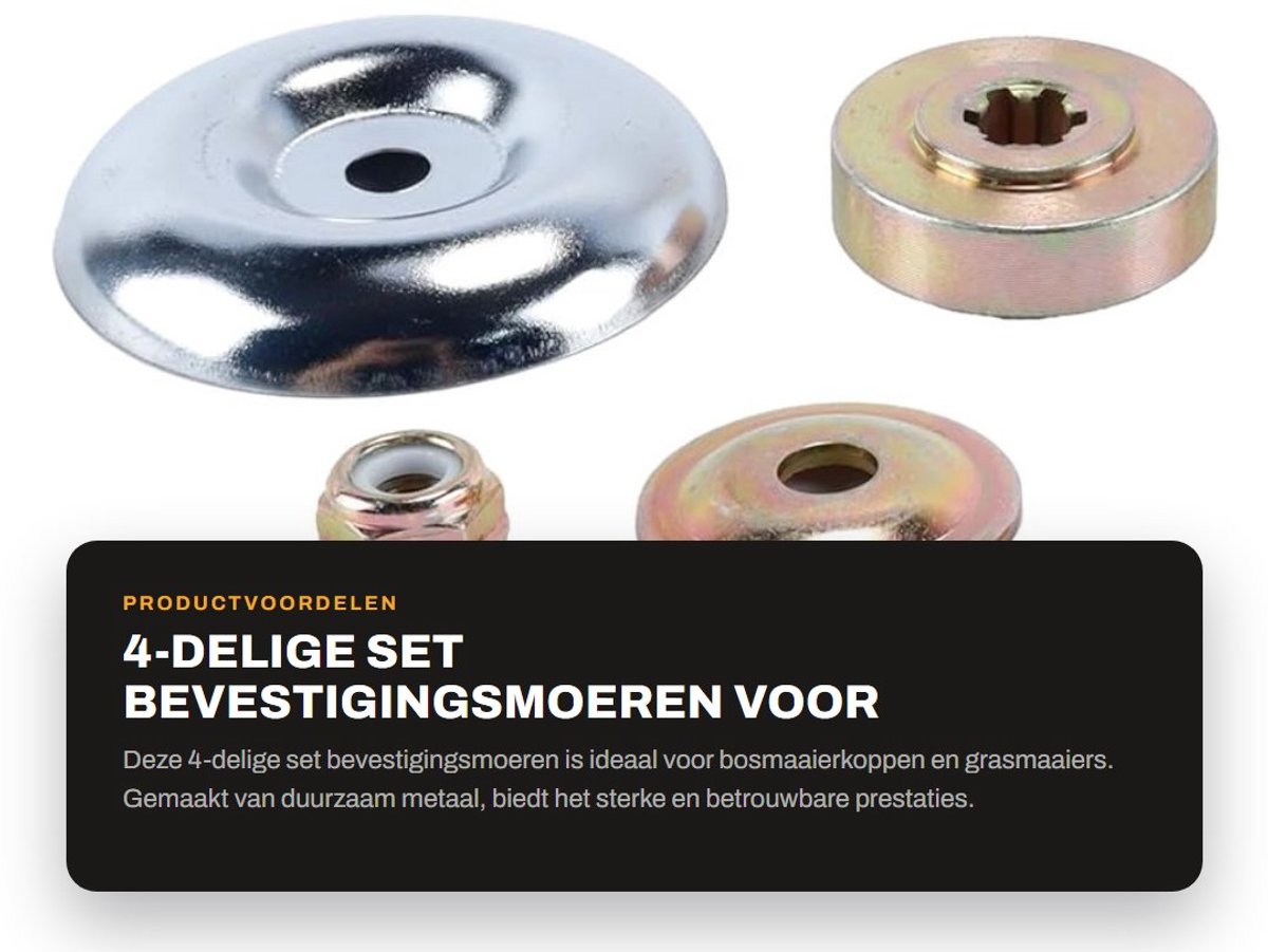 Dailygoods- Bevestigingsmoeren 4-delige set - Universele Accessoires - Bosmaaierkoppen - Slijt- en Corrosiebestendig - Duurzaam Metaal - Afmetingen: 73,6 mm - Grasmaaieronderdelen