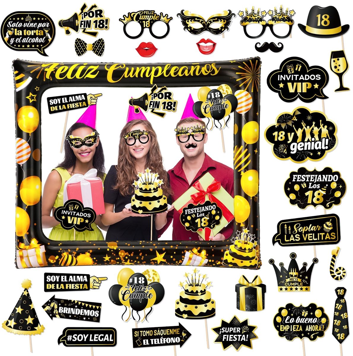 Dailygoods- Photocall Opblaasbaar Frame 75 x 65 cm - 28 Stuks Accessoires - Verjaardag Decoratie - Gouden/Zwart - PVC Materiaal - Grappige Fotorekwisieten