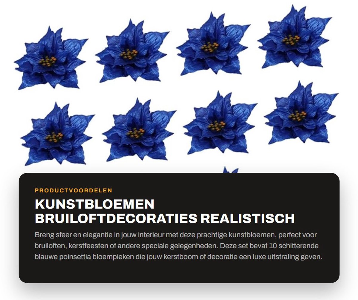 Dailygoods- Kunstbloemen 10 Stuks - Poinsettia Bloemen - Kerstbloemdecoraties - Bruiloftsdecoraties - Kunstbloemen voor Binnen - Realistisch en Glinsterend - Kerstdecoratie
