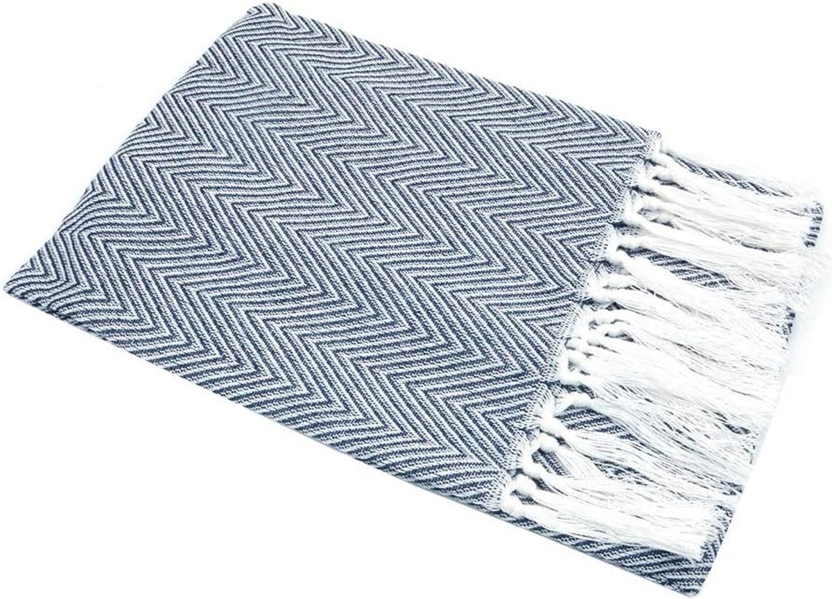 Dailygoods - Set van 2 Katoenen Theedoeken met Golvende Strepen en Kwastje - Blauw