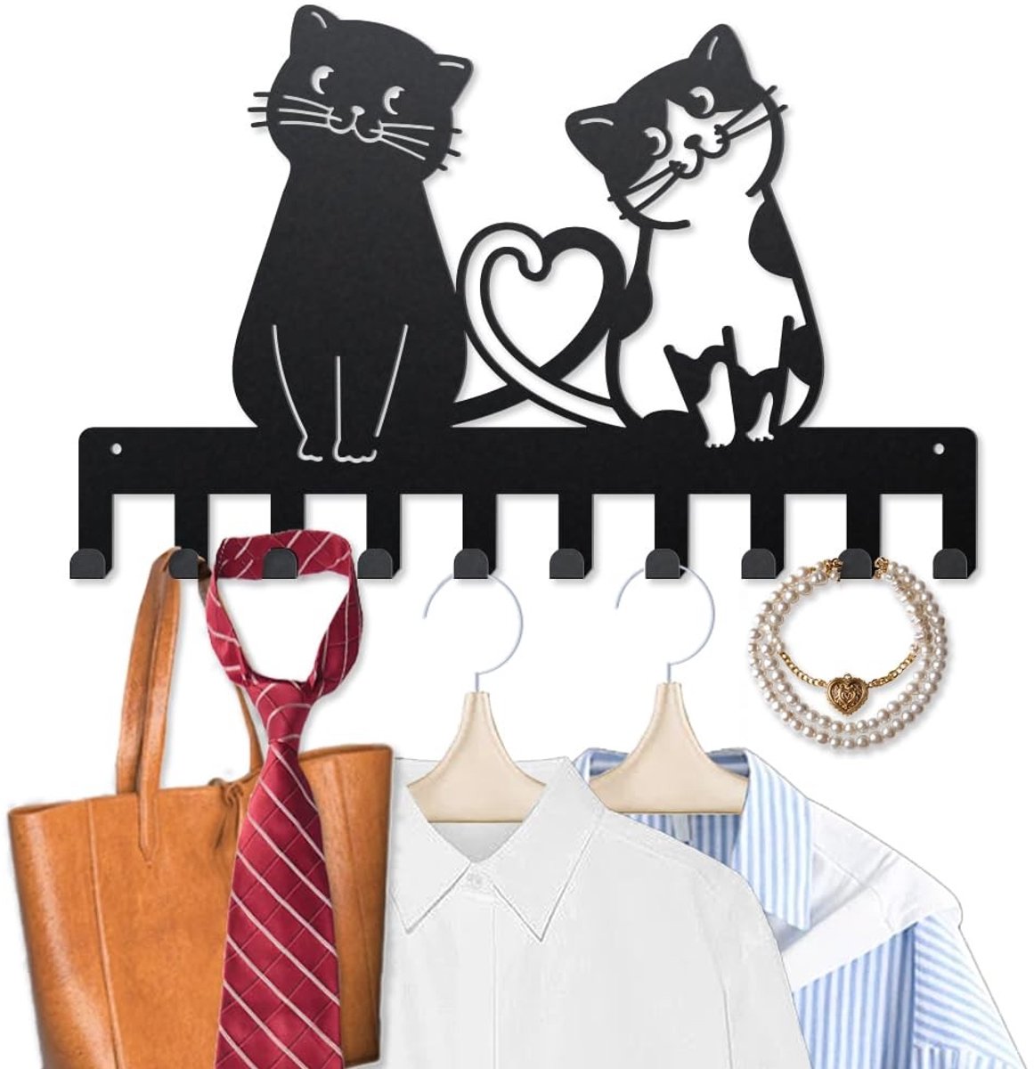 Dailygoods- Muurhaken Metalen - 10 Haken - Wandsleutelhangers - Dier Motief - Kattenhart -