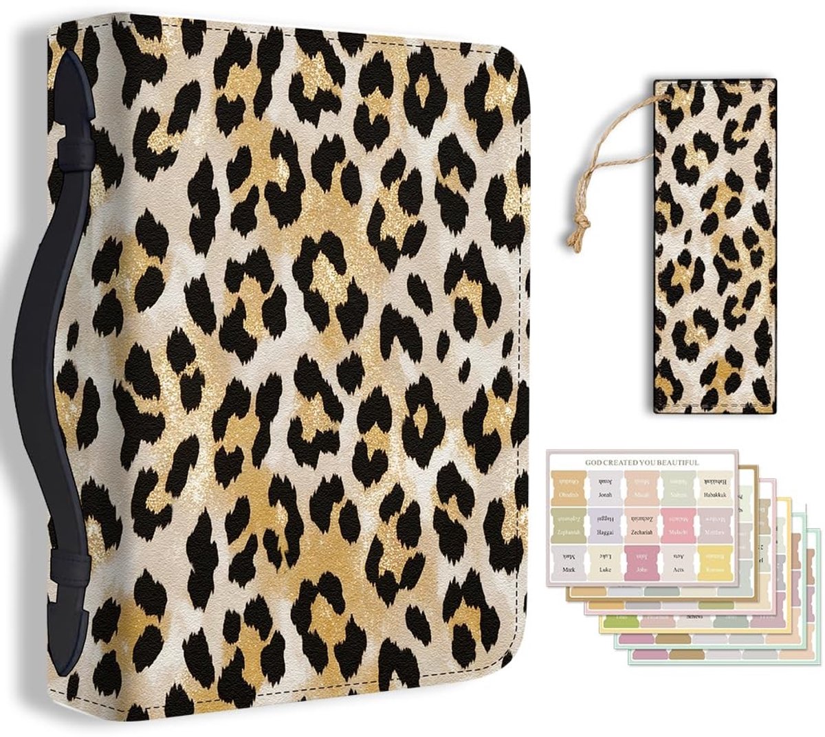Dailygoods- Bijbelhoes Goud/Luipaardprint - PU Lederen Draagtas - Bladwijzer - Bijbelindexstickers - 20,3 x 28,5 x 5,9 cm - Luxe Ontwerp - Bijbeltas