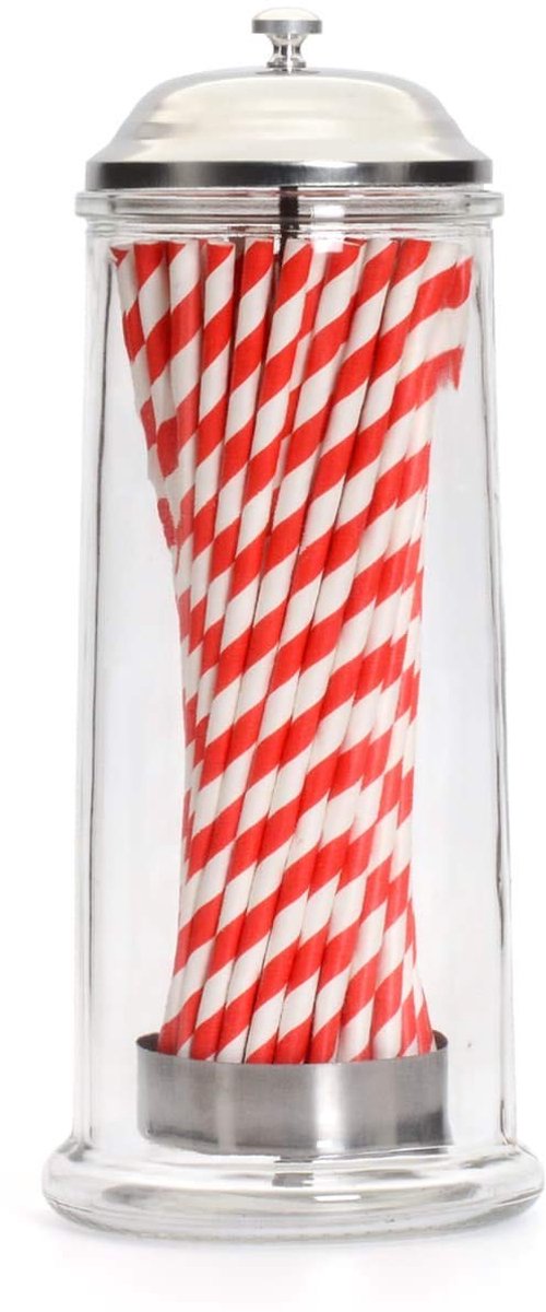 Dailygoods- Rietjesdispenser met chromen bovenkant - Rietjes houder - Set met 50 papieren rietjes - Hygiënisch en stevig - Voor rietjes tot 21 cm - Rietjeshouder