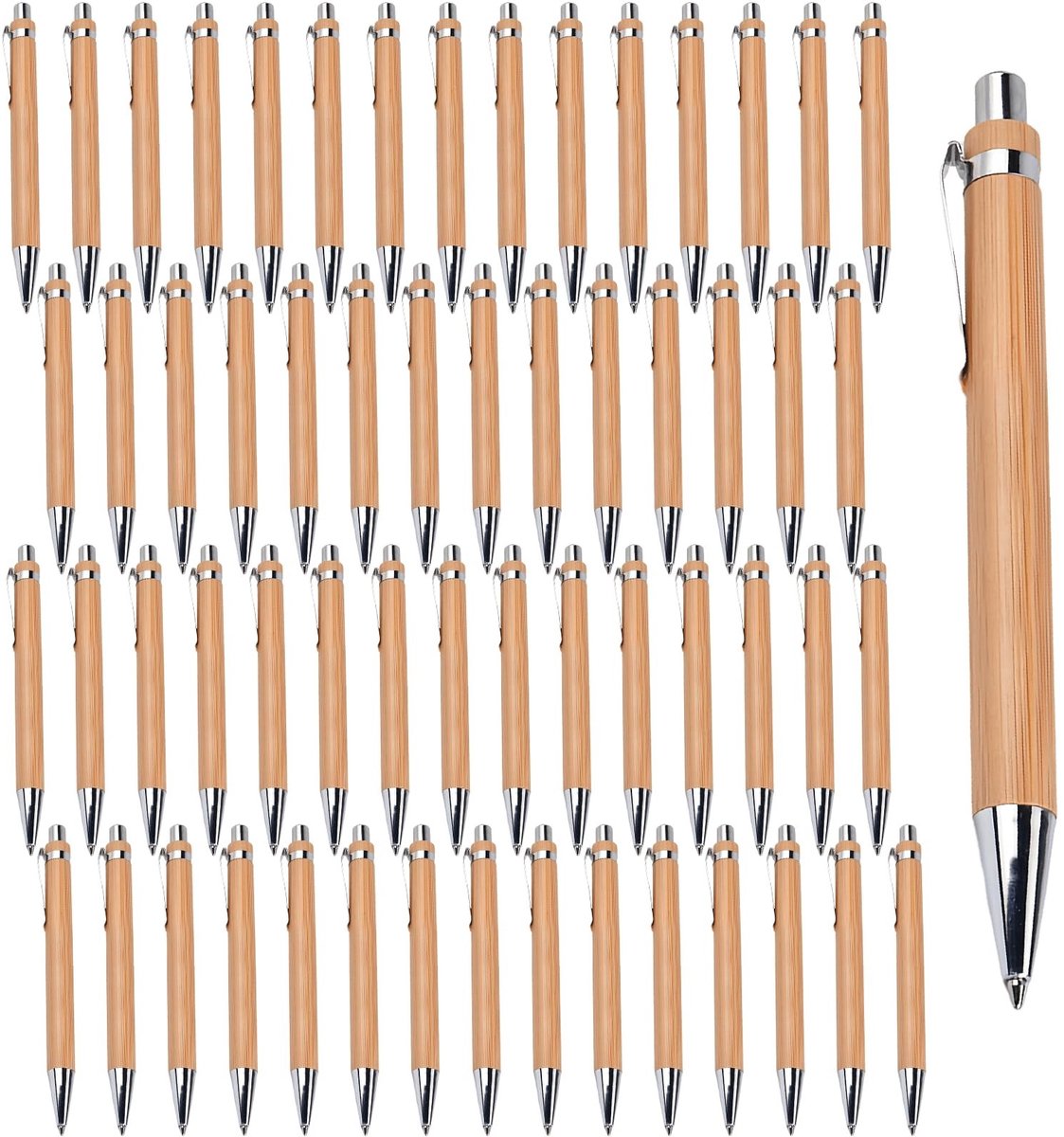 Dailygoods- Bamboe Balpen 50 Stuks - Houten Schrijfgerei - Metalen Clip - Navulbaar - Puntbescherming - Lichtgewicht Design - Balpennen