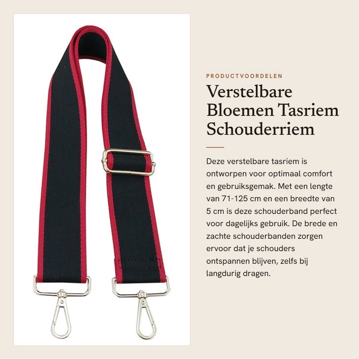 Dailygoods- Schouderriem Verstelbaar 71-125 cm - Tassenriem - Schouderband - Zachte/Comfortabele Band - Duurzaam Polyester/Katoen - Metalen Haak - Tasband