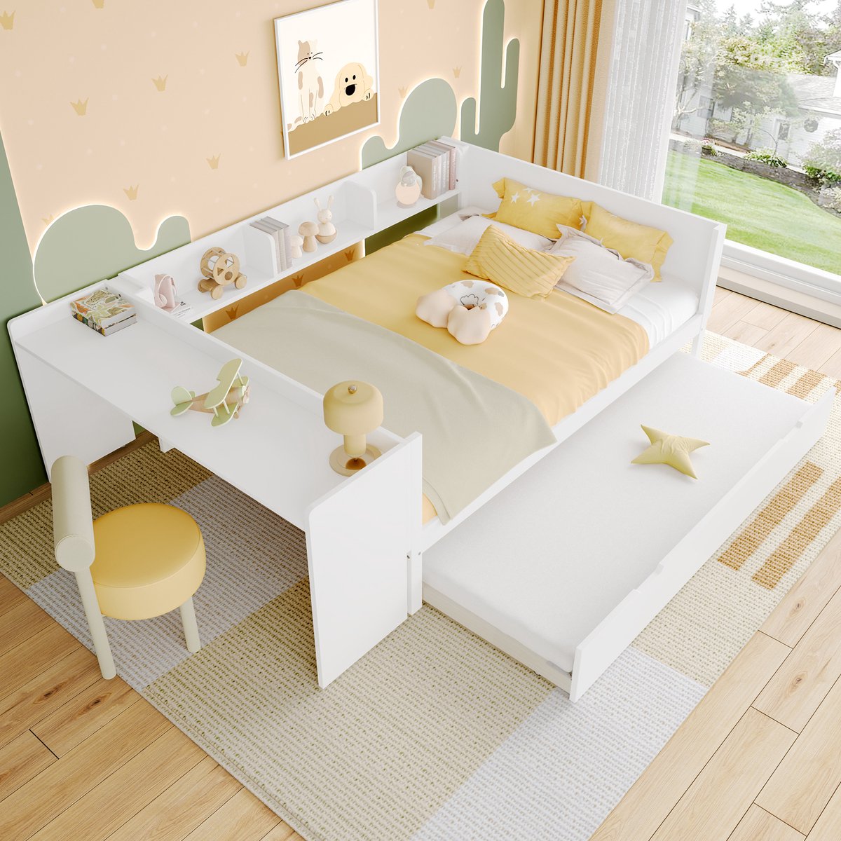 DESMIU Houten Bed 140x200 cm – Met Bureau En Uitschuifbed – 3 Open Planken En Nachtkastje – Voor Slaapkamer En Logees – Grenen – Wit – Zonder Matras