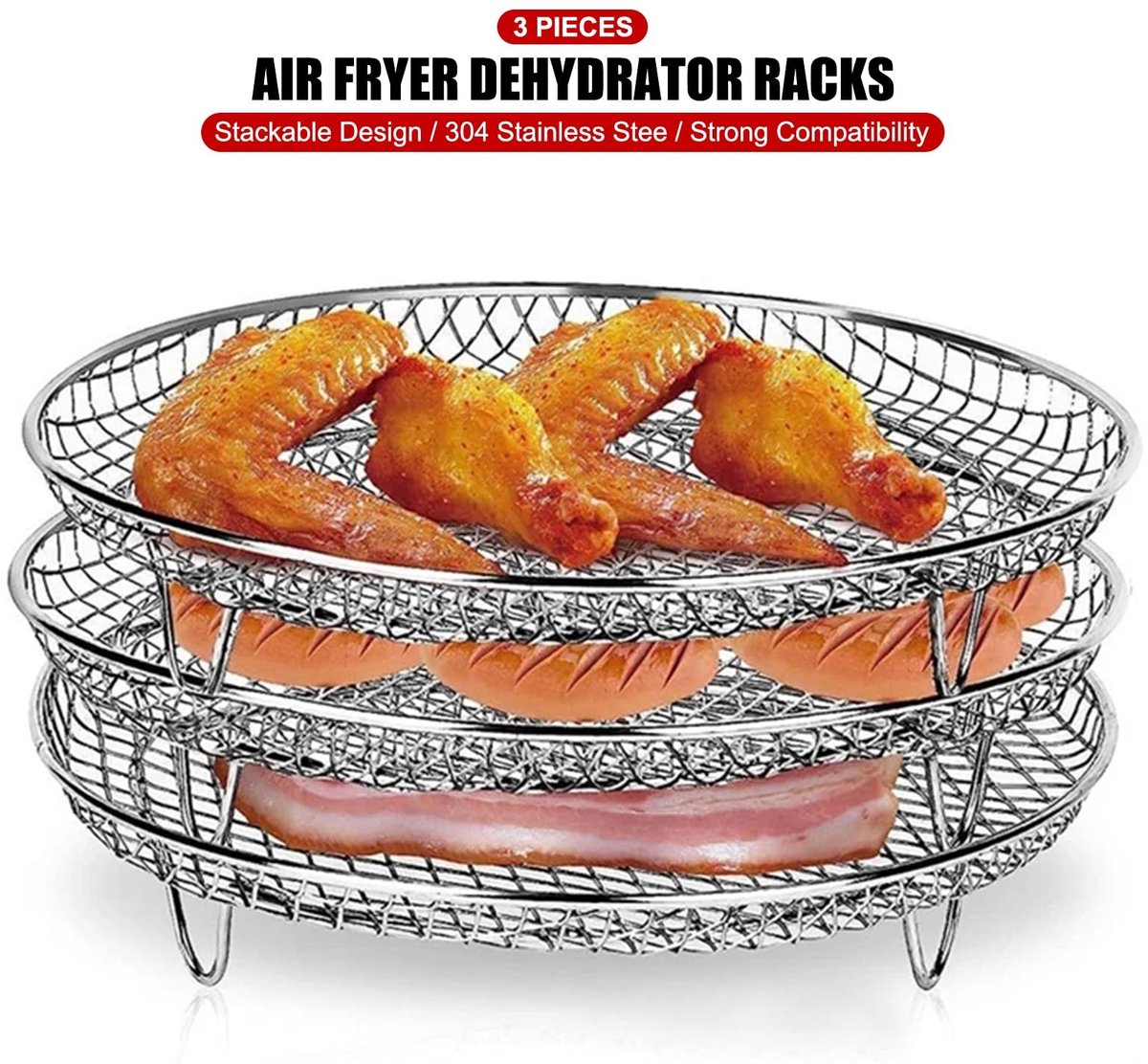 Dailygoods- Luchtfriteuse Rek Stapelbaar Ontwerp Roestvrij Staal Geschikt voor Dehydrator Oven en Vaatwasmachinebestendig 20 x 9 x 4 cm Droogrek