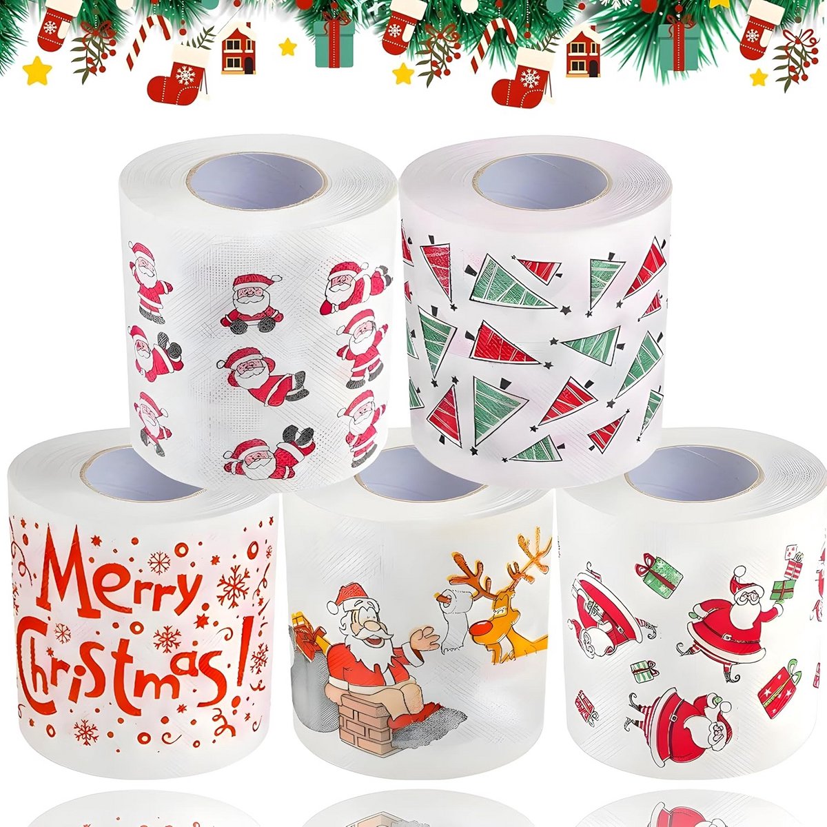 Toiletpapier Set - Papier Rollen - Feestelijke Decoratie - Zacht en Absorberend - 5 Rollen - Kerstprint