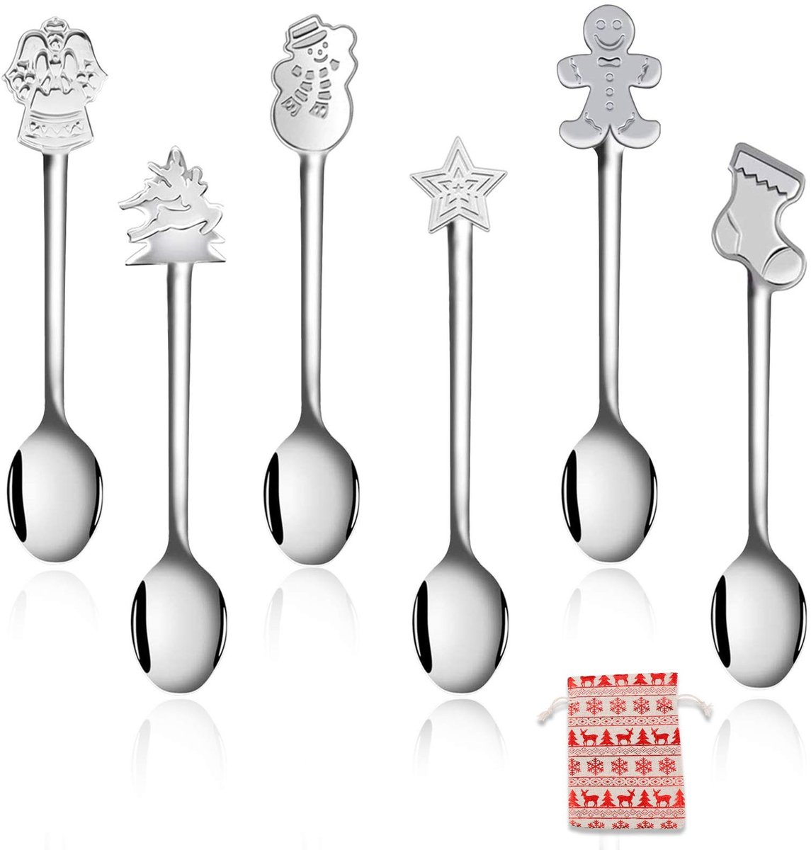 Dailygoods- Lepel 6 Stuks - Roestvrij Stalen Lepels - Mixlepel/Dessertlepel - Kerstdecoratie - Cadeau voor Vrienden - Afmetingen 13 cm - Theelepels