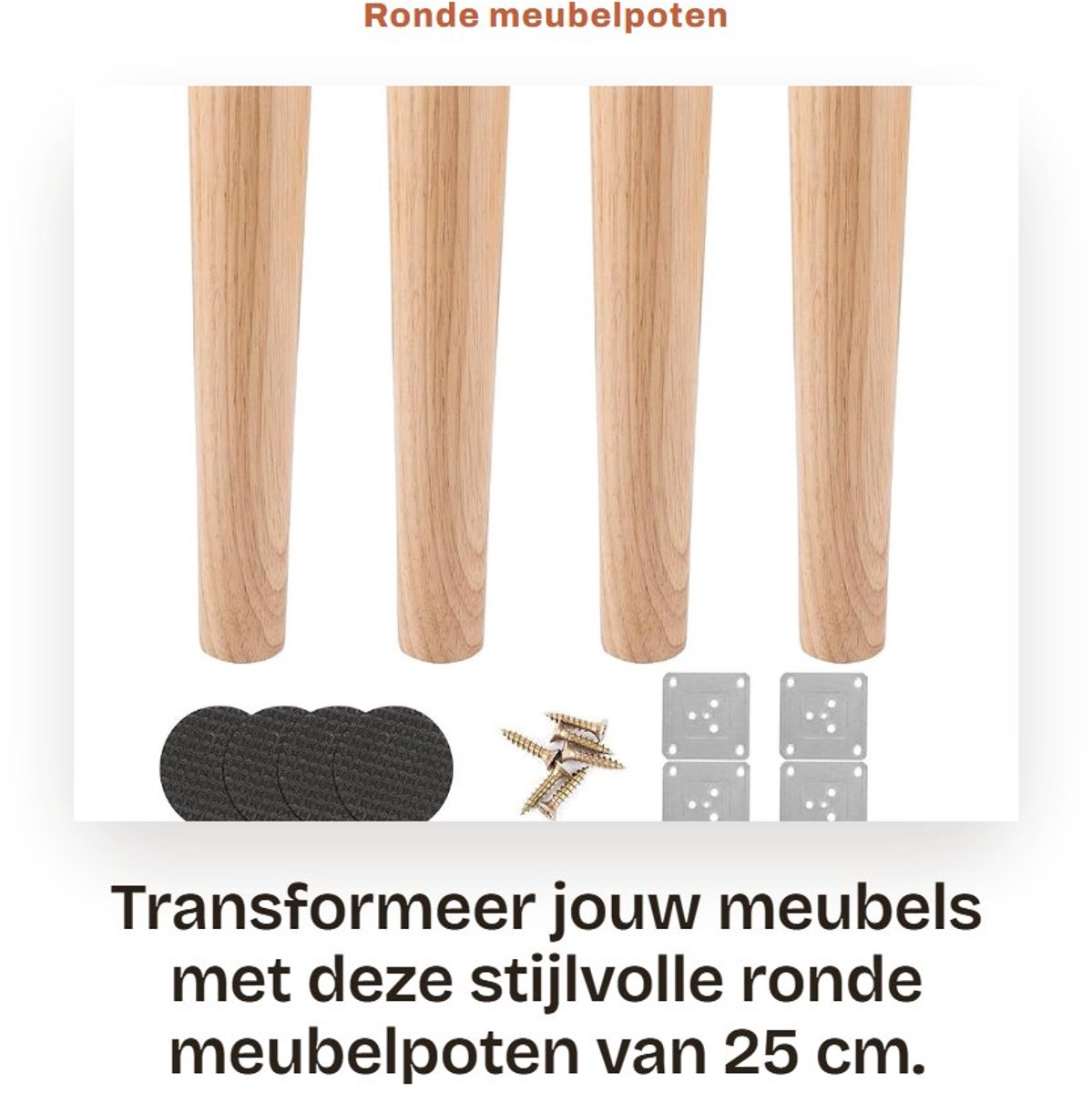 Dailygoods- Meubelpoten 25 cm - Set van 4 - Eikenhout - Robuust en duurzaam - Inclusief bevestigingsplaten en schroeven - Antislip pads - Meubelbenen
