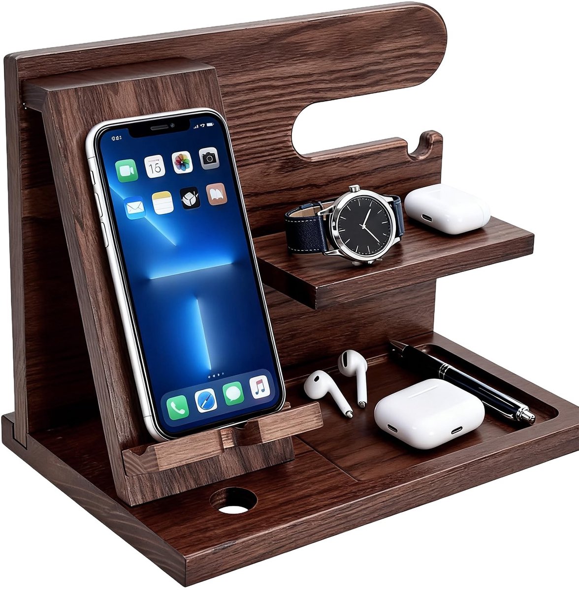 Dailygoods- Telefoonhouder Houten Dockingstation - Bureauaccessoires - Werkplek Organizer - Vintage Bruin - Duurzaam Hout - Creatief Ontwerp