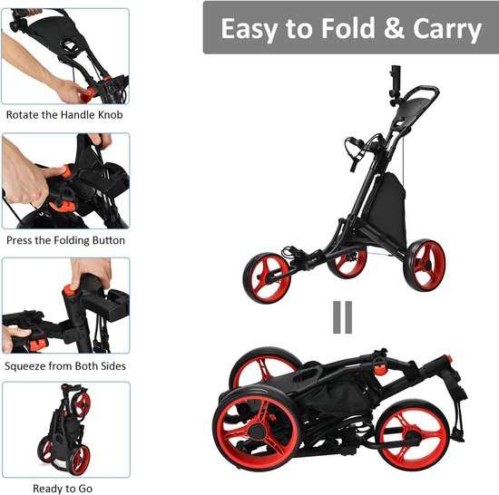 Opvouwbare Golftrolley - Golfkar Golfcaddy - Golftas Vervoeren - Voetrem Inklapbaar - 121 x 70 x 114.5 cm - Rood — afbeelding 5