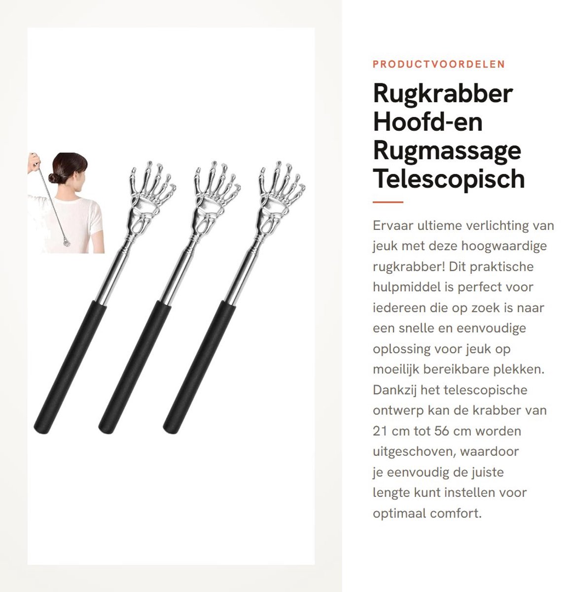 Dailygoods- Rugkrabber Uitschuifbaar - Roestvrij Staal - Antislip Handvat - Verstelbaar van 21 cm tot 56 cm - Lichtgewicht - Voor Hoofd/Rugmassage - Krabber