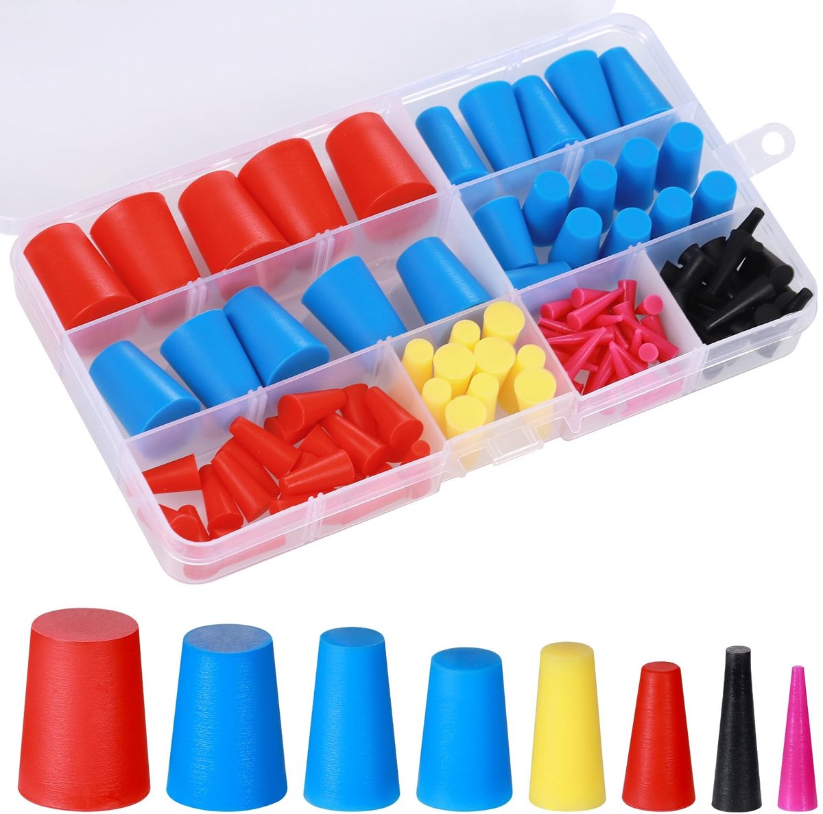 Dailygoods- Rubberen Bungs 110 Stuks - Siliconen Pluggen - 8 Maten 1/16" tot 5/8" - Afdichtingspluggen - Doorzichtige Opbergdoos - Geschikt voor Gaten - Afdekkappen
